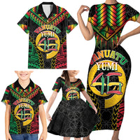 Vanuatu 45th Anniversary Independence Day Family Matching Short Sleeve Bodycon Dress and Hawaiian Shirt Melanesian Warrior With Sand Drawing Pattern LT05