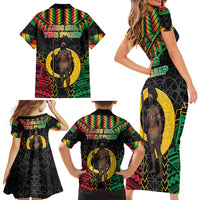 Vanuatu 45th Anniversary Independence Day Family Matching Short Sleeve Bodycon Dress and Hawaiian Shirt Melanesian Warrior With Sand Drawing Pattern LT05