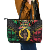 Vanuatu 46th Anniversary Independence Day Leather Tote Bag Melanesian Warrior With Sand Drawing Pattern LT05 - Polynesian Pride