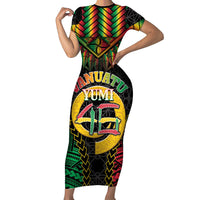 Vanuatu 45th Anniversary Independence Day Short Sleeve Bodycon Dress Melanesian Warrior With Sand Drawing Pattern LT05