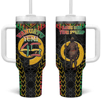 Vanuatu 46th Anniversary Independence Day Tumbler With Handle Melanesian Warrior With Sand Drawing Pattern LT05 One Size: 40 oz Black - Polynesian Pride