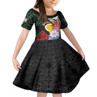 Personalised Vanuatu Shefa Day Family Matching Off Shoulder Short Dress and Hawaiian Shirt Floral Pattern LT05 Daughter's Dress Black - Polynesian Pride