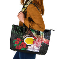 Vanuatu Shefa Day Leather Tote Bag Floral Pattern LT05 Black - Polynesian Pride