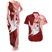 Personalized Tonga Niuas Couples Matching Tank Maxi Dress and Hawaiian Shirt White Tailed Tropicbird With Ngatu Pattern LT05 Red - Polynesian Pride
