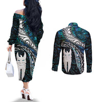 New Zealand Aotearoa Couples Matching Off The Shoulder Long Sleeve Dress and Long Sleeve Button Shirt Maori Hei Rehua Paua Shell Glitter Green LT05 - Polynesian Pride