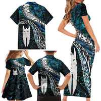 New Zealand Aotearoa Family Matching Short Sleeve Bodycon Dress and Hawaiian Shirt Maori Hei Rehua Paua Shell Glitter Green LT05 - Polynesian Pride