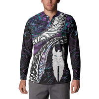 New Zealand Aotearoa Button Sweatshirt Maori Hei Rehua Paua Shell Glitter Purple