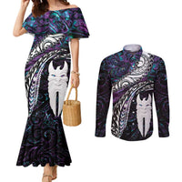 New Zealand Aotearoa Couples Matching Mermaid Dress and Long Sleeve Button Shirt Maori Hei Rehua Paua Shell Glitter Purple LT05 Purple - Polynesian Pride