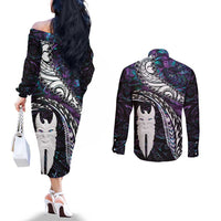 New Zealand Aotearoa Couples Matching Off The Shoulder Long Sleeve Dress and Long Sleeve Button Shirt Maori Hei Rehua Paua Shell Glitter Purple LT05 - Polynesian Pride