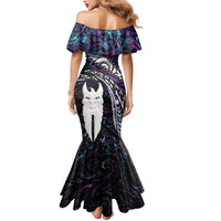 New Zealand Aotearoa Family Matching Mermaid Dress and Hawaiian Shirt Maori Hei Rehua Paua Shell Glitter Purple LT05 - Polynesian Pride