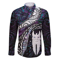 New Zealand Aotearoa Family Matching Off Shoulder Short Dress and Hawaiian Shirt Maori Hei Rehua Paua Shell Glitter Purple LT05 Dad's Shirt - Long Sleeve Purple - Polynesian Pride