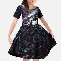 New Zealand Aotearoa Family Matching Short Sleeve Bodycon Dress and Hawaiian Shirt Maori Hei Rehua Paua Shell Glitter Purple LT05 Daughter's Dress Purple - Polynesian Pride