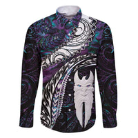 New Zealand Aotearoa Family Matching Short Sleeve Bodycon Dress and Hawaiian Shirt Maori Hei Rehua Paua Shell Glitter Purple LT05 Dad's Shirt - Long Sleeve Purple - Polynesian Pride