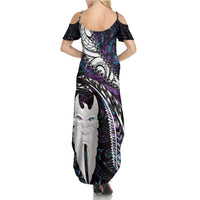 New Zealand Aotearoa Family Matching Summer Maxi Dress and Hawaiian Shirt Maori Hei Rehua Paua Shell Glitter Purple LT05 - Polynesian Pride