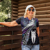 New Zealand Aotearoa Women Polo Shirt Maori Hei Rehua Paua Shell Glitter Purple