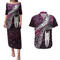 New Zealand Aotearoa Couples Matching Puletasi and Hawaiian Shirt Maori Hei Rehua Paua Shell Glitter Pink LT05 Pink - Polynesian Pride