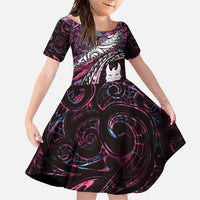 New Zealand Aotearoa Family Matching Off Shoulder Maxi Dress and Hawaiian Shirt Maori Hei Rehua Paua Shell Glitter Pink LT05 Daughter's Dress Pink - Polynesian Pride