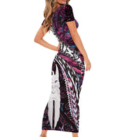 New Zealand Aotearoa Family Matching Short Sleeve Bodycon Dress and Hawaiian Shirt Maori Hei Rehua Paua Shell Glitter Pink LT05 - Polynesian Pride