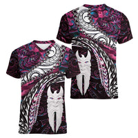 New Zealand Aotearoa Women V-Neck T-Shirt Maori Hei Rehua Paua Shell Glitter Pink LT05 - Polynesian Pride