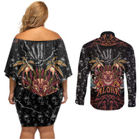 Aloha Halloween Couples Matching Off Shoulder Short Dress and Long Sleeve Button Shirt Horror Tiki Heavy Metal Style - Polynesian Pride