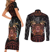Aloha Halloween Couples Matching Short Sleeve Bodycon Dress and Long Sleeve Button Shirt Horror Tiki Heavy Metal Style - Polynesian Pride