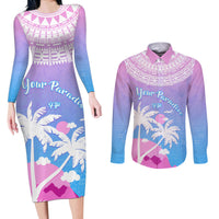 Personalised Fiji Your Paradise Festival Couples Matching Long Sleeve Bodycon Dress and Long Sleeve Button Shirt With Fijian Masi Tapa Pattern LT05 Blue - Polynesian Pride