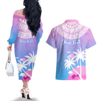 Personalised Fiji Your Paradise Festival Couples Matching Off The Shoulder Long Sleeve Dress and Hawaiian Shirt With Fijian Masi Tapa Pattern LT05 - Polynesian Pride