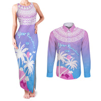 Personalised Fiji Your Paradise Festival Couples Matching Tank Maxi Dress and Long Sleeve Button Shirt With Fijian Masi Tapa Pattern LT05 Blue - Polynesian Pride