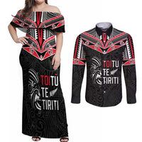 Aotearoa Toitu Te Tiriti Couples Matching Off Shoulder Maxi Dress and Long Sleeve Button Shirt New Zealand Honour The Treaty