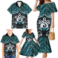 New Zealand Maori Family Matching Mermaid Dress and Hawaiian Shirt Poutama Pikorua Turquoise Paua Shell LT05 - Polynesian Pride