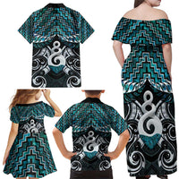 New Zealand Maori Family Matching Off Shoulder Maxi Dress and Hawaiian Shirt Poutama Pikorua Turquoise Paua Shell LT05 - Polynesian Pride