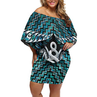 New Zealand Maori Family Matching Off Shoulder Short Dress and Hawaiian Shirt Poutama Pikorua Turquoise Paua Shell LT05 Mom's Dress Turquoise - Polynesian Pride
