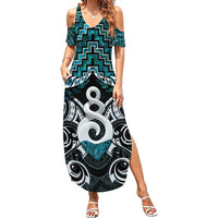 New Zealand Maori Family Matching Summer Maxi Dress and Hawaiian Shirt Poutama Pikorua Turquoise Paua Shell LT05 Mom's Dress Turquoise - Polynesian Pride