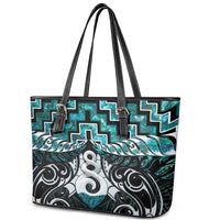 New Zealand Maori Leather Tote Bag Poutama Pikorua Turquoise Paua Shell LT05 - Polynesian Pride