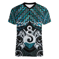 New Zealand Maori Women V-Neck T-Shirt Poutama Pikorua Turquoise Paua Shell
