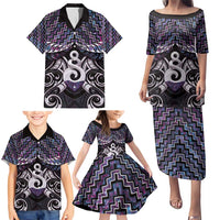 New Zealand Maori Family Matching Puletasi and Hawaiian Shirt Poutama Pikorua Purple Paua Shell