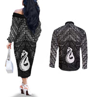 New Zealand Maori Couples Matching Off The Shoulder Long Sleeve Dress and Long Sleeve Button Shirt Poutama Manaia Black Paua Shell