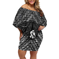 New Zealand Maori Family Matching Off Shoulder Short Dress and Hawaiian Shirt Poutama Manaia Black Paua Shell LT05 Mom's Dress Black - Polynesian Pride