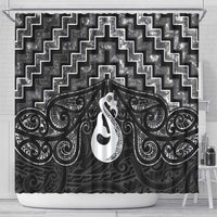 New Zealand Maori Shower Curtain Poutama Manaia Black Paua Shell