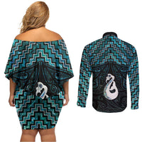 New Zealand Maori Couples Matching Off Shoulder Short Dress and Long Sleeve Button Shirt Poutama Manaia Turquoise Paua Shell