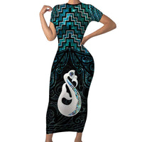 New Zealand Maori Family Matching Short Sleeve Bodycon Dress and Hawaiian Shirt Poutama Manaia Turquoise Paua Shell LT05 Mom's Dress Turquoise - Polynesian Pride