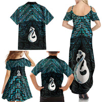 New Zealand Maori Family Matching Summer Maxi Dress and Hawaiian Shirt Poutama Manaia Turquoise Paua Shell LT05 - Polynesian Pride