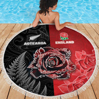 New Zealand And England Rugby Beach Blanket Red Rose Mix Maori Pattern LT05 - Polynesian Pride
