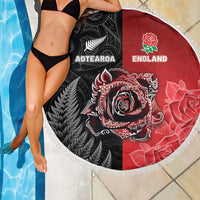 New Zealand And England Rugby Beach Blanket Red Rose Mix Maori Pattern LT05 - Polynesian Pride