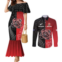 New Zealand And England Rugby Custom Couples Matching Mermaid Dress and Long Sleeve Button Shirt Red Rose Mix Maori Pattern LT05 Black - Polynesian Pride