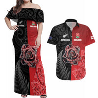 New Zealand And England Rugby Custom Couples Matching Off Shoulder Maxi Dress and Hawaiian Shirt Red Rose Mix Maori Pattern LT05 Black - Polynesian Pride