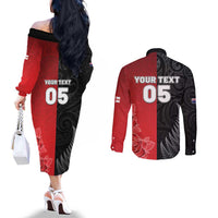 New Zealand And England Rugby Custom Couples Matching Off The Shoulder Long Sleeve Dress and Long Sleeve Button Shirt Red Rose Mix Maori Pattern LT05 - Polynesian Pride