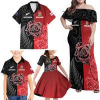 New Zealand And England Rugby Custom Family Matching Off Shoulder Maxi Dress and Hawaiian Shirt Red Rose Mix Maori Pattern LT05 - Polynesian Pride
