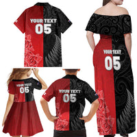 New Zealand And England Rugby Custom Family Matching Off Shoulder Maxi Dress and Hawaiian Shirt Red Rose Mix Maori Pattern - Polynesian Pride