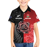New Zealand And England Rugby Custom Family Matching Off Shoulder Maxi Dress and Hawaiian Shirt Red Rose Mix Maori Pattern LT05 Son's Shirt Black - Polynesian Pride